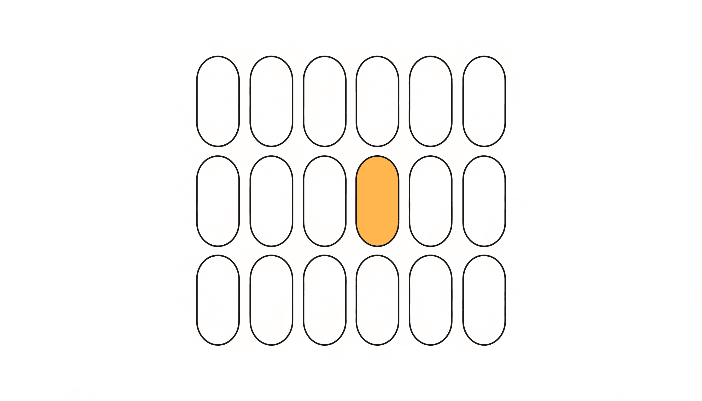 Twenty identical capsule shapes in a grid, one of them filled yellow.