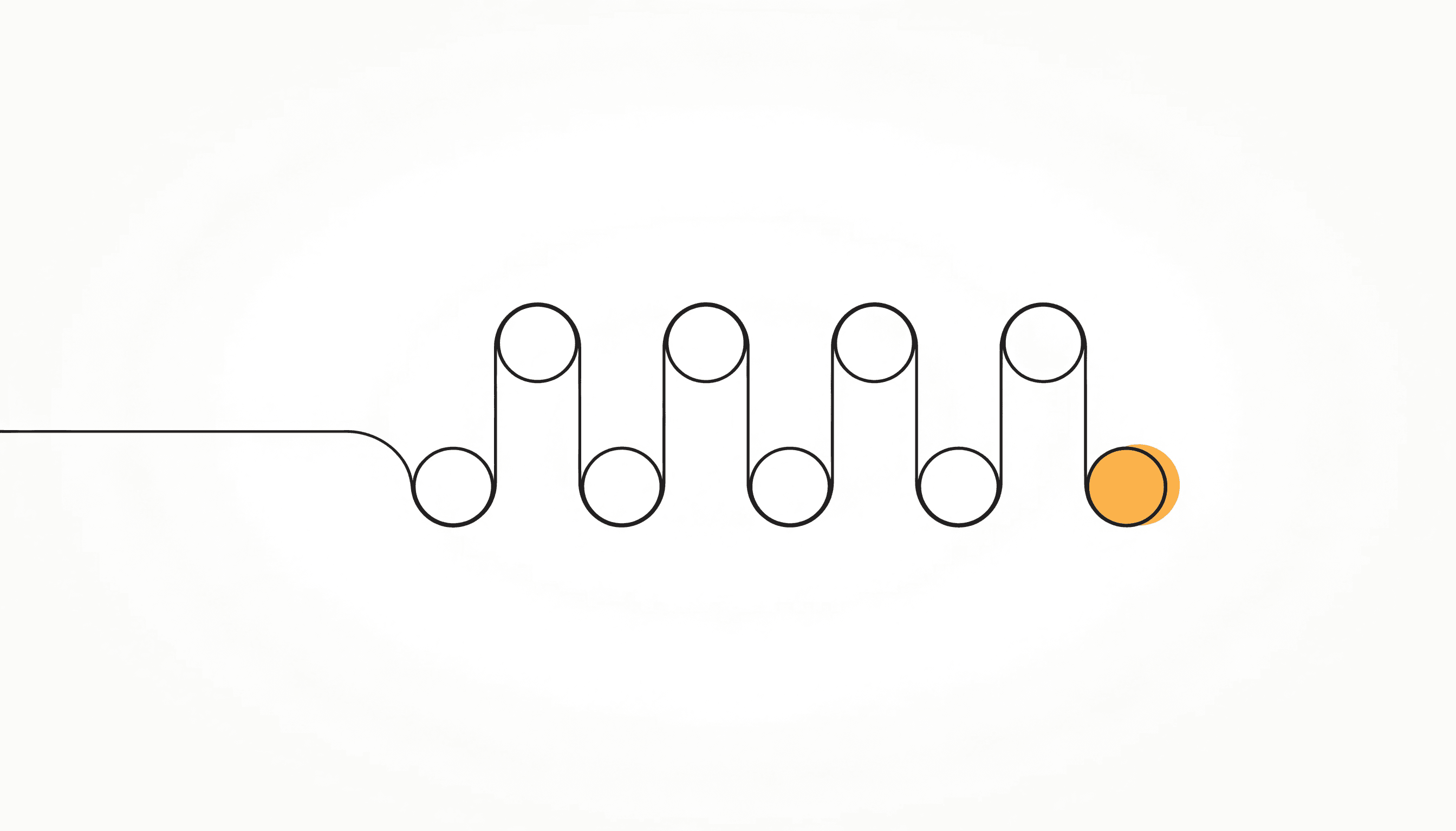 Eight circles connected in a winding path, the last one filled yellow.
