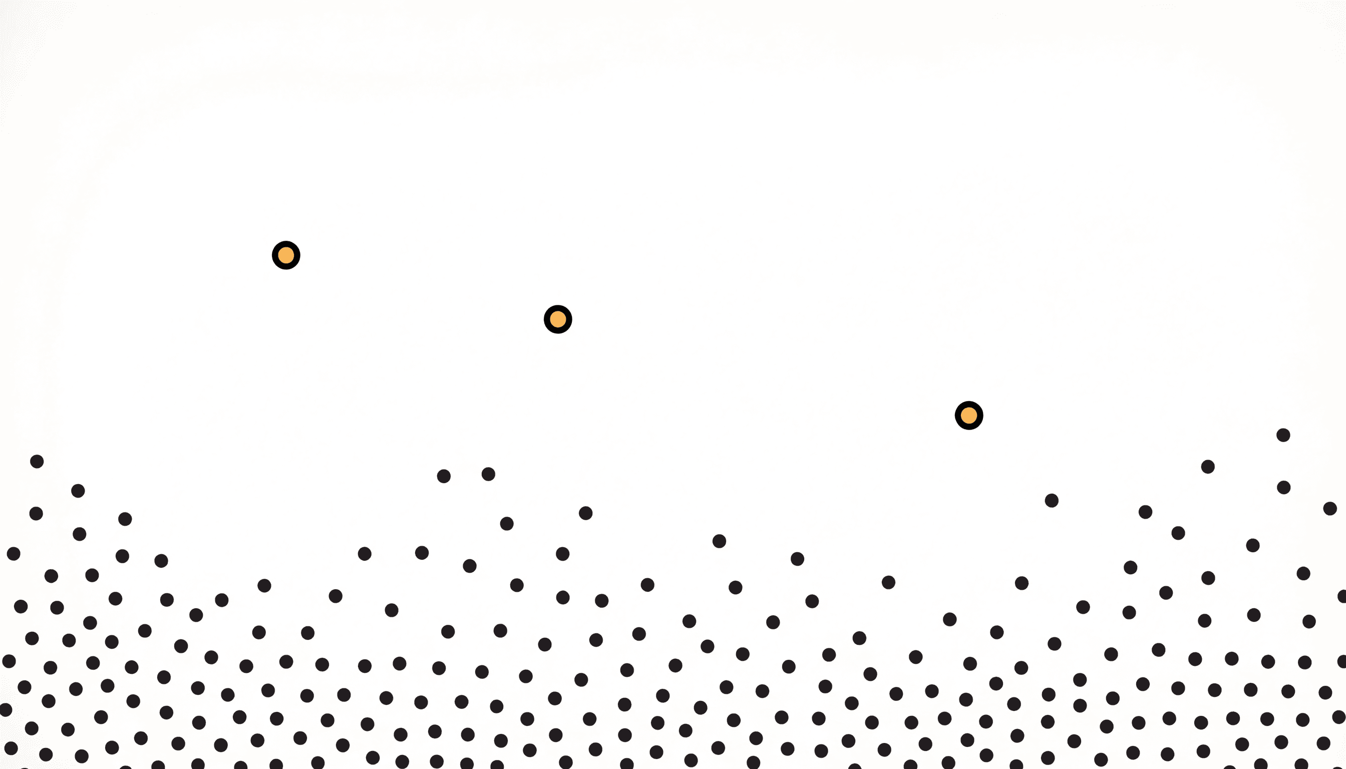 A dense cluster of small dots low on the page with three isolated yellow dots far above it.
