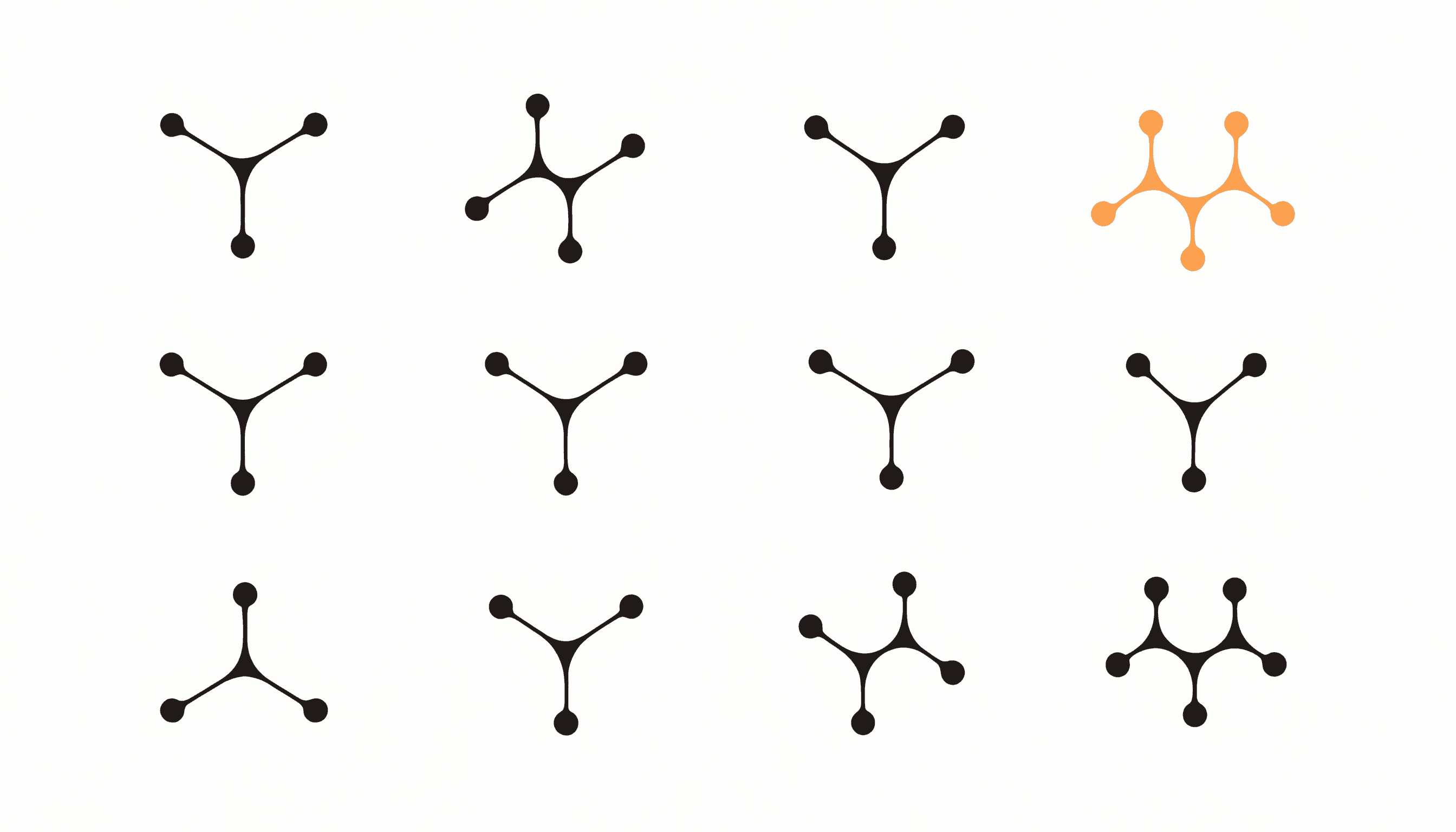 Twelve small branching diagrams in a grid, each a different shape, one drawn in yellow.