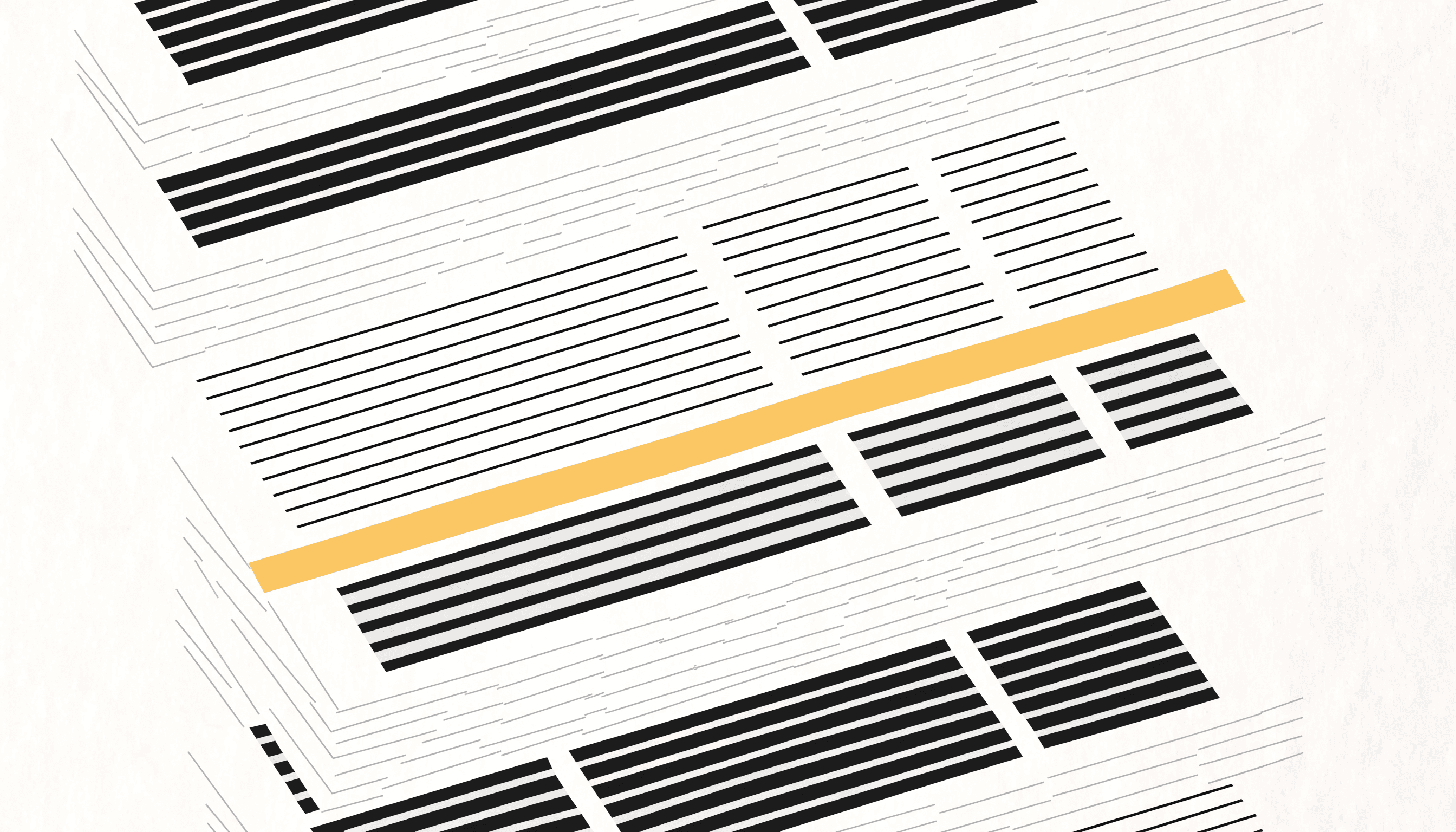 Pages of a financial report seen at an angle, most of the rows blacked out, with one single line marked in yellow highlighter.