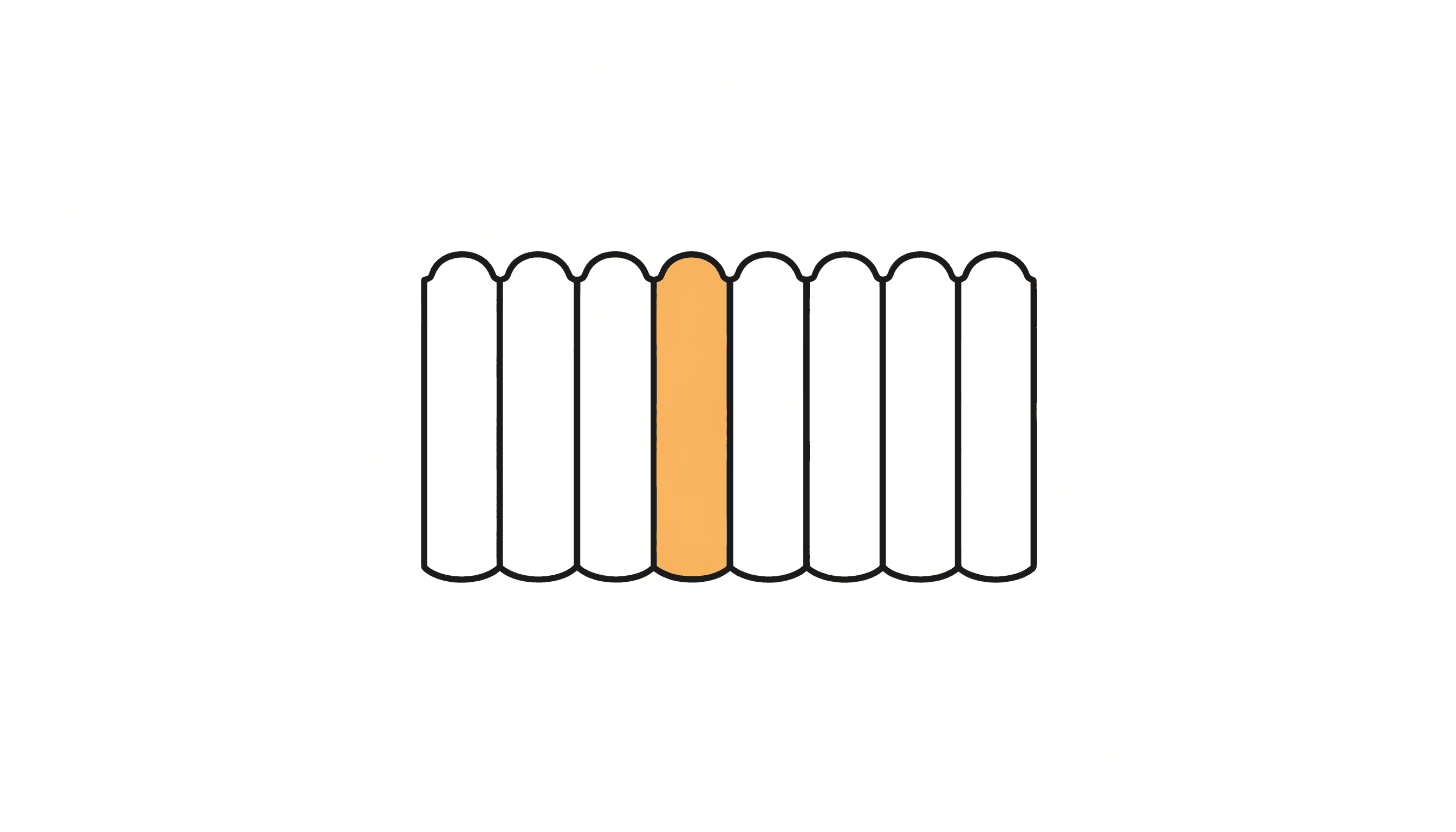 Eight blank book spines standing side by side, one of them yellow.