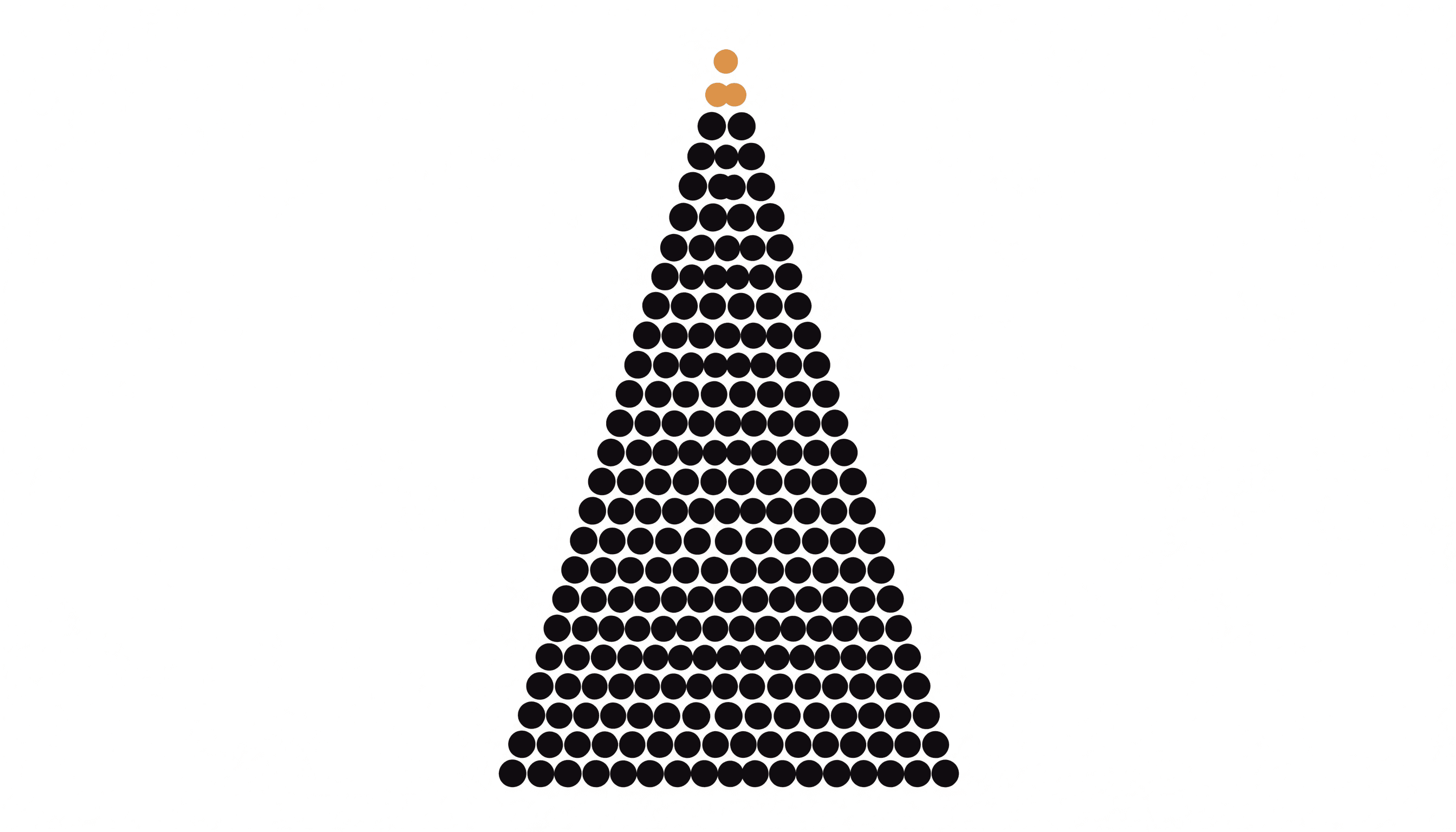 A triangle built from rows of dots, very wide at the base, with only the two dots at the apex in yellow.