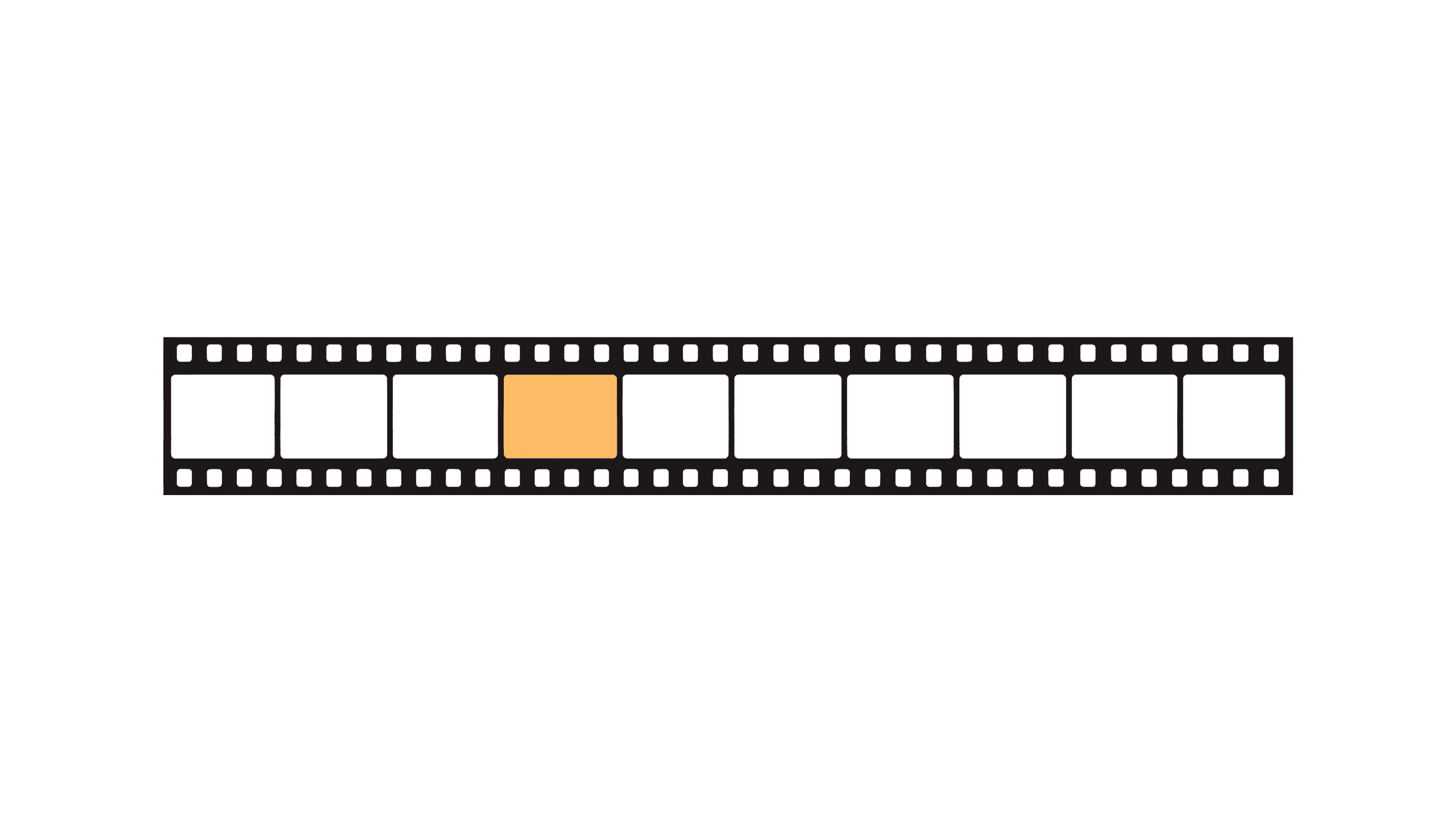 An empty filmstrip with sprocket holes along both edges and one frame filled yellow.