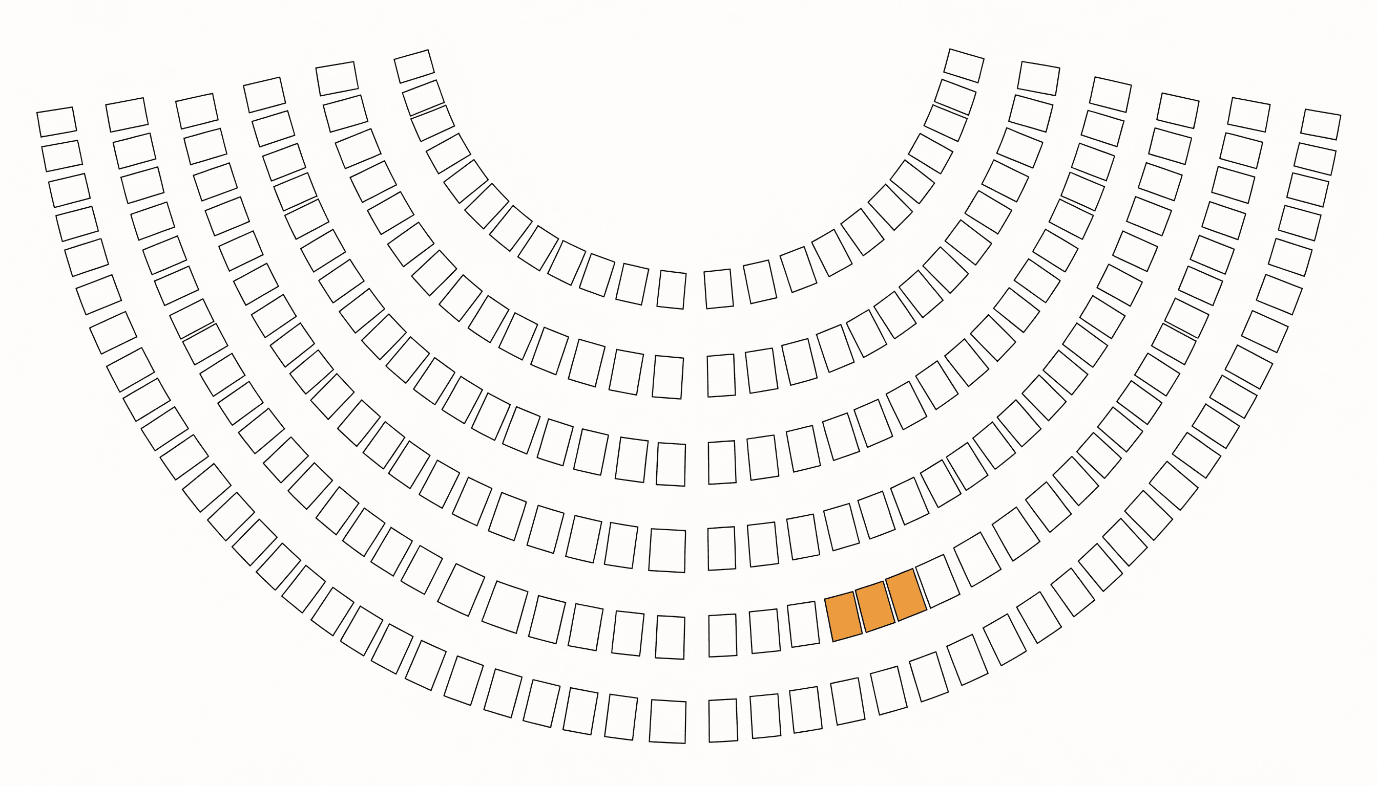 An auditorium seating plan seen from above with one single seat filled yellow.