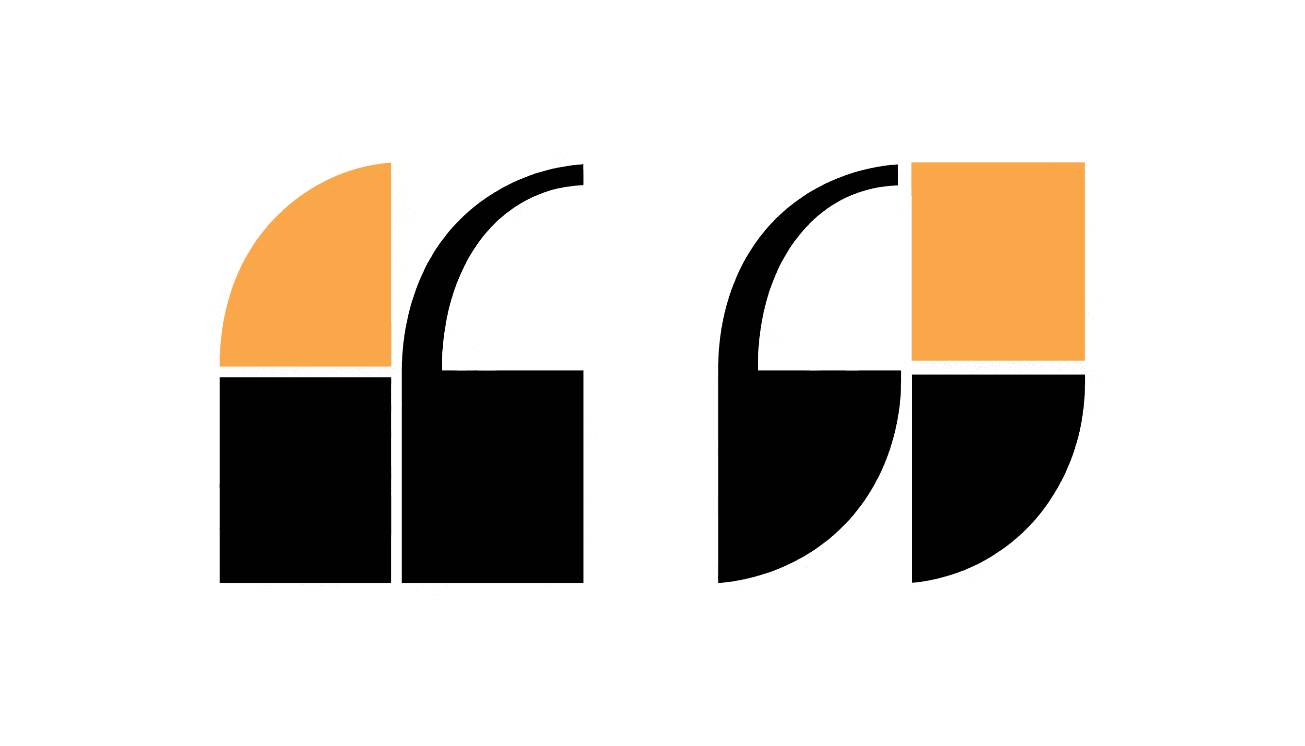 Two large geometric quotation marks facing each other with one block in yellow.