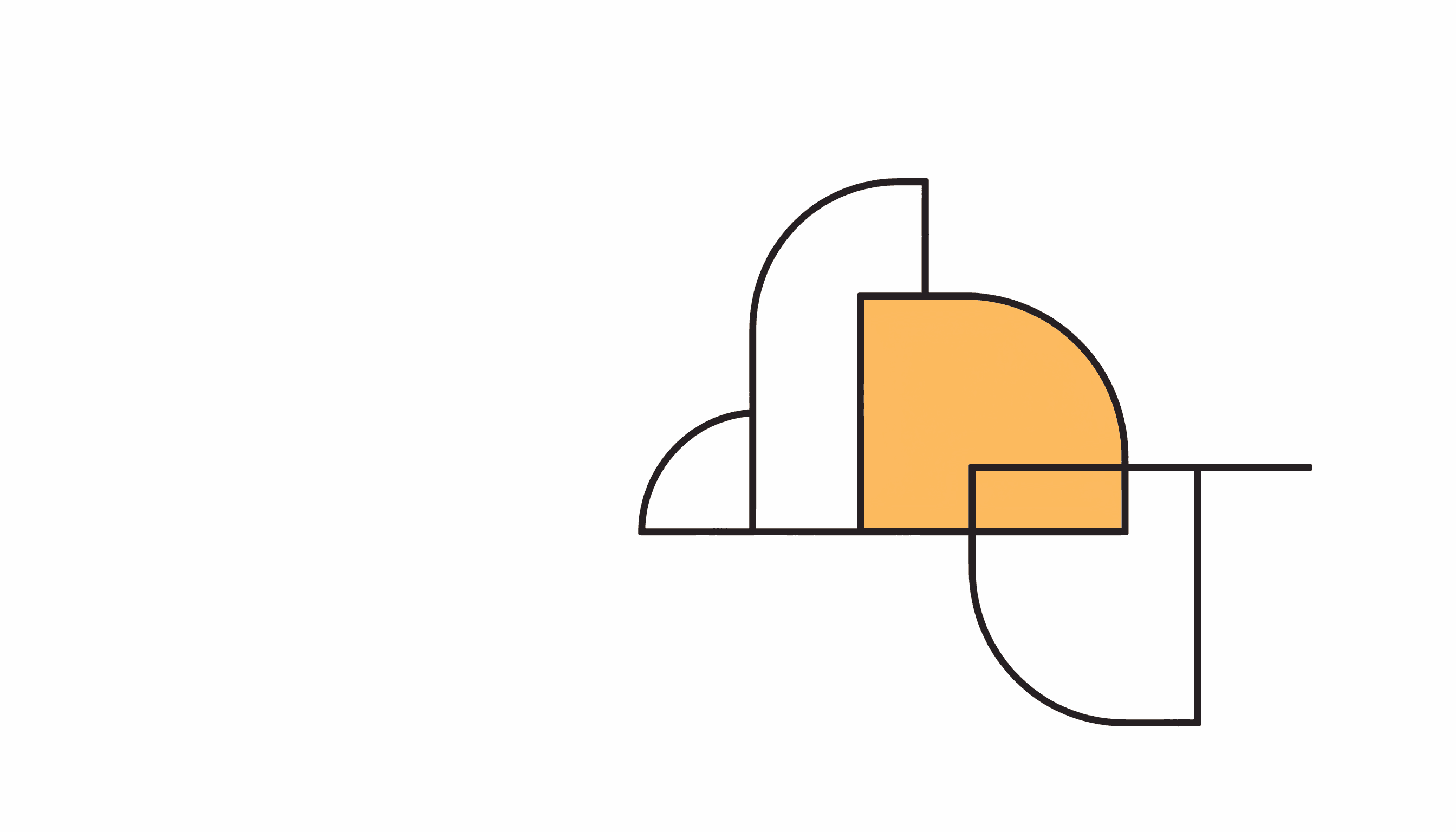 Overlapping rectangles and arcs in an asymmetric composition with one shape filled yellow.