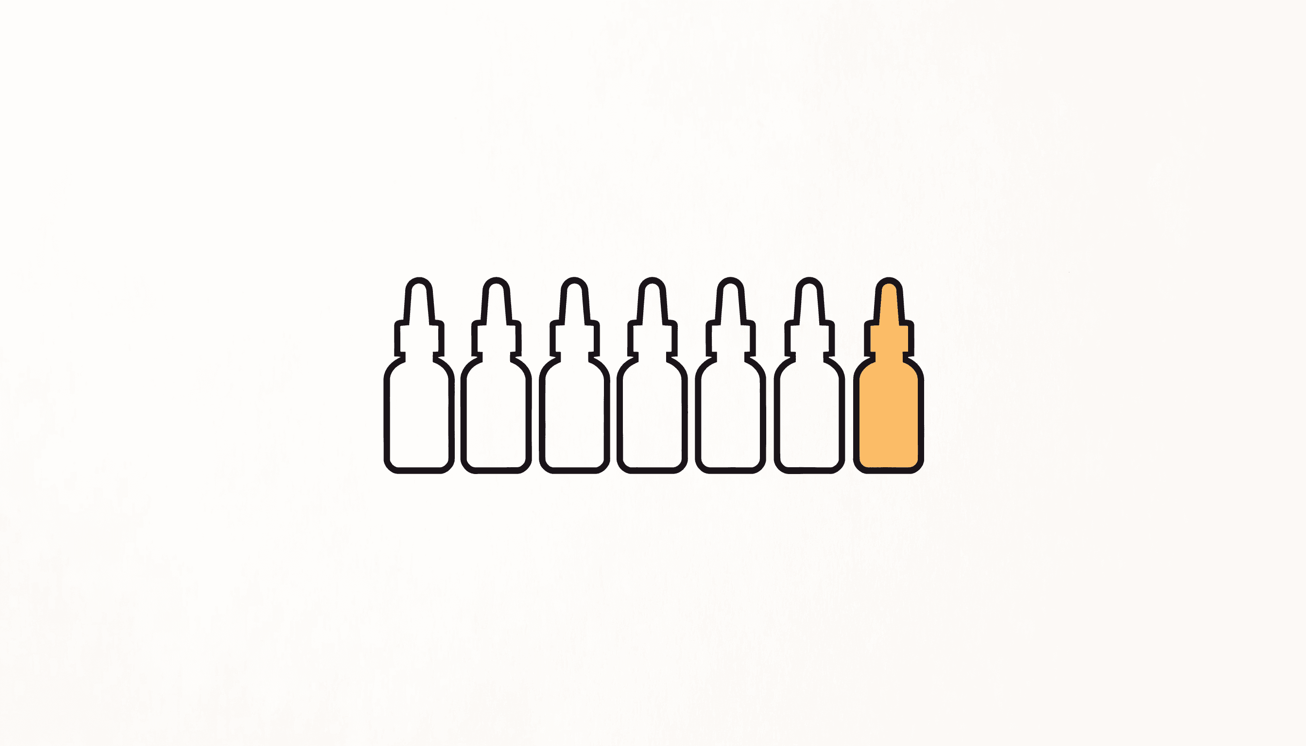 A row of dropper bottles with pipette caps, one of them filled yellow.
