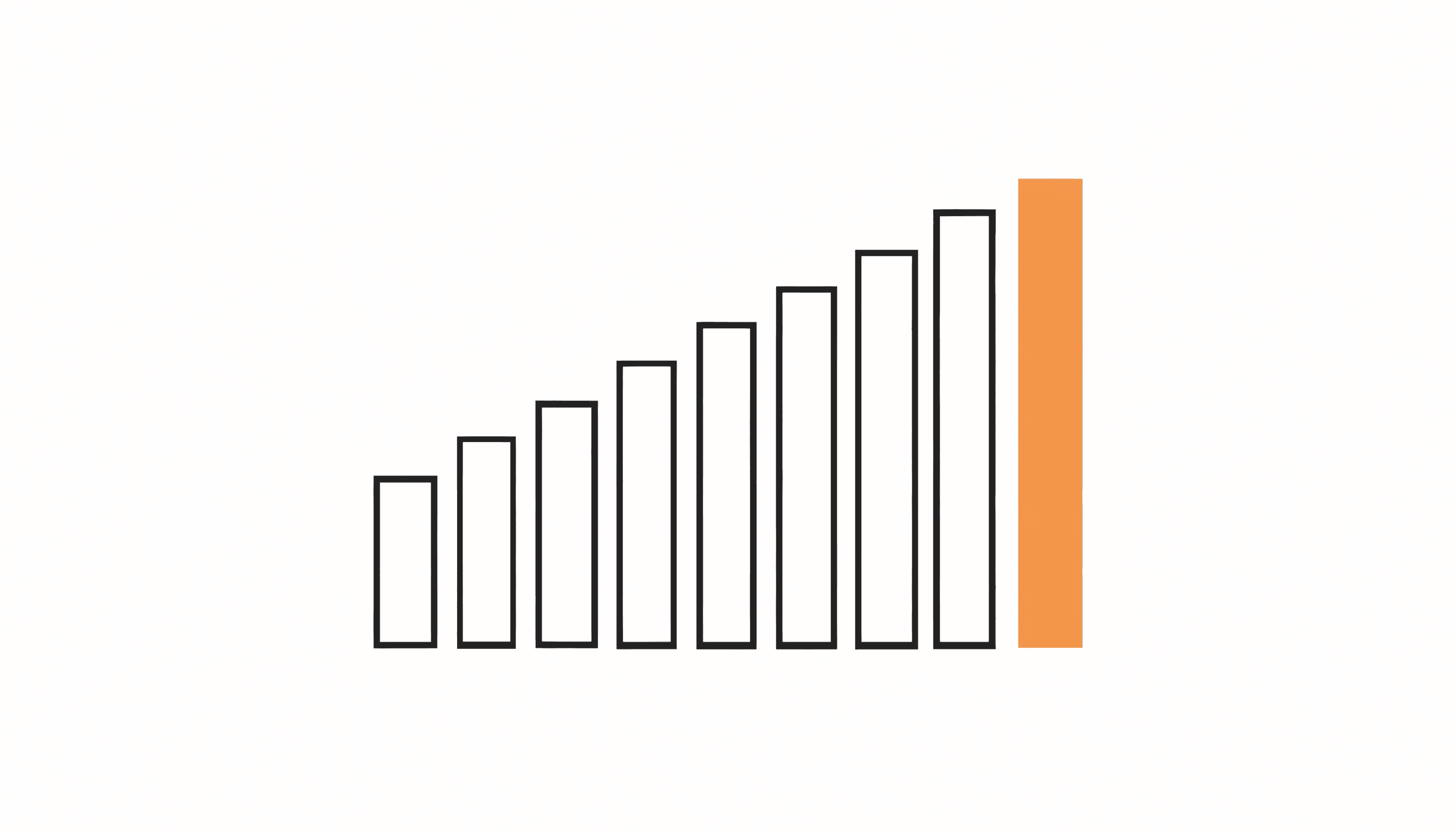 A sequence of bars increasing evenly in height from left to right, the rightmost one filled yellow.