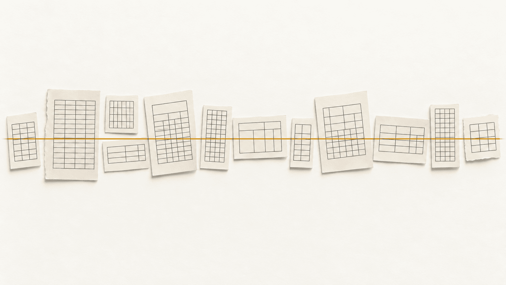A row of paper documents, each with a differently shaped grid table, with one thin yellow line running straight across all of them.
